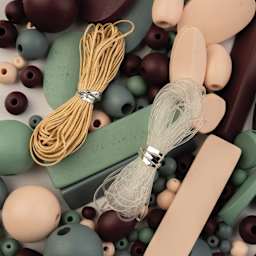 John Bead Wood Craft Beads - Gray, Dark Purple, Natural, and Green, 90 g Bag shoiwng included nylon cords