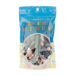John Bead Wood Craft Beads - Gray, Dark Purple, Natural, and Green, 90 g Bag front of packaging