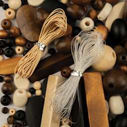 John Bead Wood Craft Beads - Natural, Black, Brown, and Dark Brown, 90 g Bag showing included nylon cords