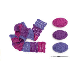 Friendly Loom Discover Crochet Scarf Kit - Berry completed project with contents