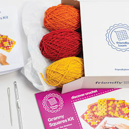 Friendly Loom Explore Crochet Granny Square Kit - Sunset contents laying on table