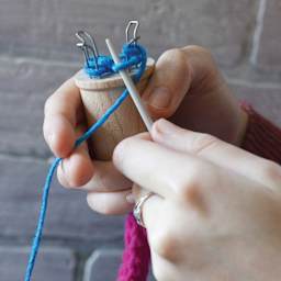 Friendly Loom Discover Knitting Spool Kit showing project being created on spool knitter