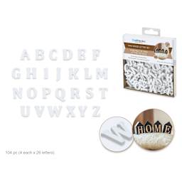 Craft Medley Mini Wood Letter Set - White, Pkg of 104 (alphabet, packaging, close-up and example)