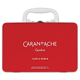 Caran d'Ache Swisscolor Travel Kit, back of the Red metal box and handle raised