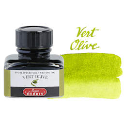 Herbin La Perle des Encres The Jewel of Inks Fountain Pen Ink - Vert Olive (Olive Green), 30 ml bottle with swatch