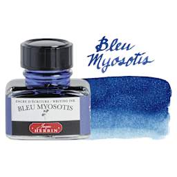 Herbin La Perle des Encres The Jewel of Inks Fountain Pen Ink - Bleu Myosotis (Forget-Me-Not Blue), 30 ml bottle with swatch