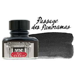 Herbin Paris Collection Fountain Pen Ink - Passage des Panoramas (Off-Black), 30 ml bottle with swatch
