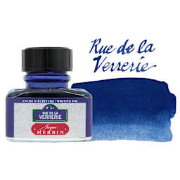 Herbin Paris Collection Fountain Pen Ink - Rue de la Verrerie (Blue), 30 ml bottle with swatch