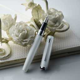Platinum Procyon Fountain Pen - Porcelain White, Medium Nib, pen and cap with florals (image may depict a different size nib)