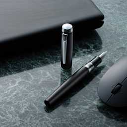 Platinum Procyon Fountain Pen - Shadow Mica, Fine Nib, pen and cap on tabletop