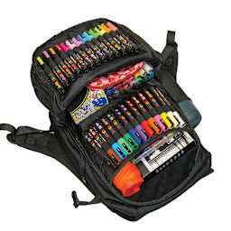 Posca Artist Marker & Pencil Backpack Bundle, open, showing organized contents