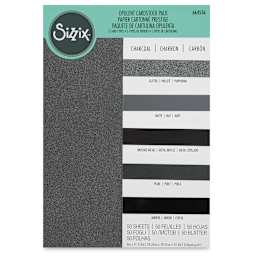Sizzix Surfacez Opulent Cardstock - Charcoal, Package of 50 Sheets, 8"W x 11-1/2"L, 250 gsm (Front of packaging)