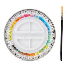 Pebeo Fine Watercolor Half Pan Set -  Set of 24, Round Metal Box with Brush (Brush next to set)