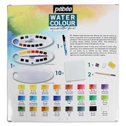 Pebeo Fine Watercolor Half Pan Set - Complete Set of 24, Oval Plastic Case (Back of package)