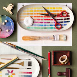 Roomytown Enamel Trays - Nomenclature of Colors, 4-7/10" x 9-4/5" x 3/5", shown with various art supplies