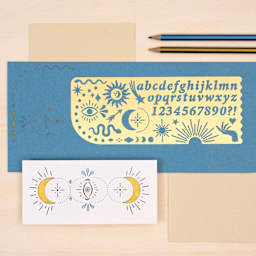 Another Studio Brass Stencil - Celestial, stenciled paper