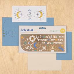 Another Studio Brass Stencil - Celestial, stencil in packaging with stenciled paper