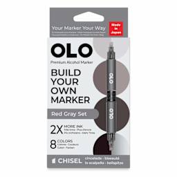 Olo Chisel Dual-Tip Markers - Set of 8, Red Gray, front of packaging