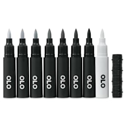 Olo Brush Dual-Tip Markers - Set of 8, Neutral Gray, caps off