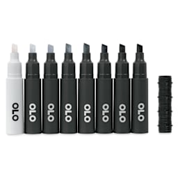Olo Chisel Dual-Tip Markers - Set of 8, Neutral Gray, caps off