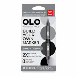 Olo Chisel Dual-Tip Markers - Set of 8, Neutral Gray, front of packaging