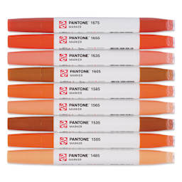 Pantone Dual Tip Markers - Warm Red, Set of 9, markers laid out with caps on