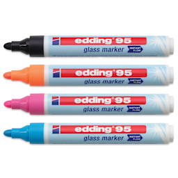 Edding 95 Glass Markers - Assorted Colors, Set of 4, markers laid out with caps off