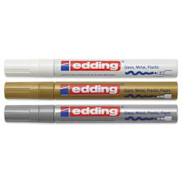Edding Gloss Paint Markers - Metallic Colors, Set of 3, Round Nib, 2-4 mm, laid out with caps on