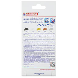 Edding Gloss Paint Markers - Metallic Colors, Set of 5, Calligraphy Nib, 1-5 mm, back of the packaging