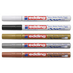 Edding Gloss Paint Markers - Metallic Colors, Set of 5, Calligraphy Nib, 1-5 mm, laid out with caps on