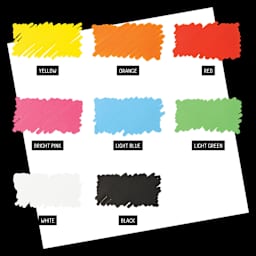 Yellow, Orange, Red, Bright Pink, Light Blue, Light Green, White, and Black.
