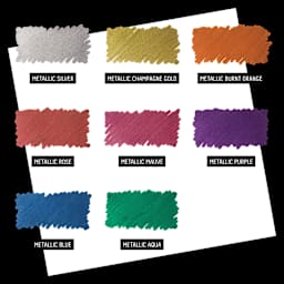 Metallic Silver, Metallic Champagne Gold, Metallic Burnt Orange, Metallic Rose, Metallic Mauve, Metallic Purple, Metallic Blue, and Metallic Aqua.