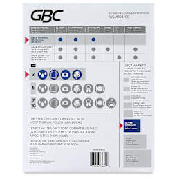 GBC Thermal Laminating Pouches - Pkg of 100, 3 ml, 9" x 11.5" back of packaging