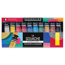 Sennelier Extra Fine Gouache - Set of 10, Assorted, 21 ml Tubes, front of packaging