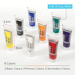 6.1 cm x 15 cm tube size, 3.38 U.S. Fluid ounces/100 ml. 8 colors, 2 basic colors, 3 primary colors, and 3 secondary colors.