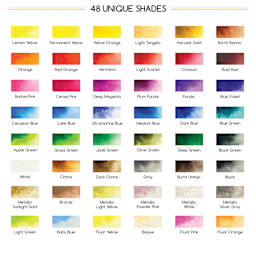 Meeden Watercolor Half Pans - Set of 48, Assorted Colors, swatches of included colors
