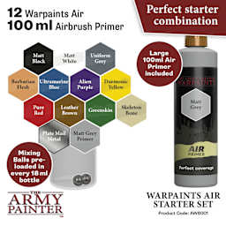 Perfect starter combination. 12 warpaints air, 100 ml airbrush primer. Large 100 ml air primer included. Mixing balls pre-loaded in every 18 ml bottle. Included colors listed. Product Code AW8001