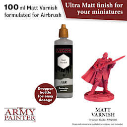 The Army Painter Warpaints Air Acrylic Airbrush Varnish 100 ml Matt varnish formulated for airbrush. Ultra Matt finish for your miniatures. Dropper bottle for easy dosage. Depicted miniature by Gale Force Nine, not included. Product Code: AW2003
