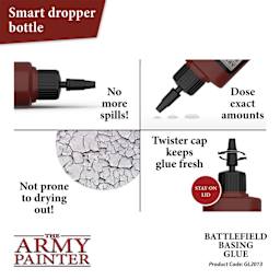 The Army Painter Battlefield Basing Glue. Smart dropper bottle, no more spills, dose exact amounts, not prone to drying out, twister cap keeps glue fresh. product code gl2013