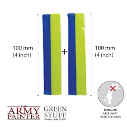 The Army Painter Kneadatite Green Stuff Epoxy Modeling Putty 100mm (4 inch) plus 100 mm (4 inch). Danger! Keep away from children. Product code TL5037