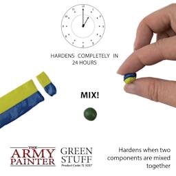 The Army Painter Kneadatite Green Stuff Epoxy Modeling Putty hardens completely in 24 hours. Mix! Hardens when two components are mixed together. Product Code: TL5037