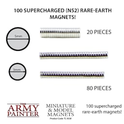 The Army Painter Miniature and Model Magnet Set. 100 supercharged (N52) rare-earth magnets. 20 pieces, 5mm diameter. 80 pieces, 3 mm diameter. Product Code TL5038