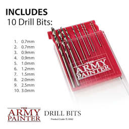 Includes 10 Drill Bits: 1. 0.7mm. 2. 0.7mm. 3. 0.9mm. 4. 0.9mm. 5. 1.0mm. 6. 1.2mm. 7. 1.5mm. 8. 2.0mm. 9. 2.5mm. 10. 3.0mm.
