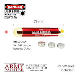 Markerlight Laser Pointer. Do not look directly at laser lights. 73 mm. Included 3x LR44 button batteries (AAA).