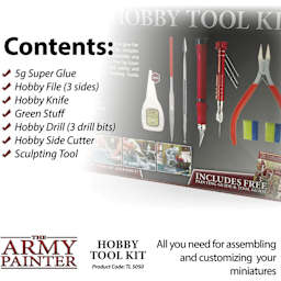 The Army Painter Hobby Tool Kit. Contents: 5g Super Glue, Hobby File (3 sides), Hobby knife, Green stuff, hobby drill (3 drill bits), hobby side cutter, sculpting tool.  All you need for assembling and customizing your miniatures. Product code tl5050