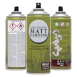 The Army Painter Colour Primer Spray Varnish - Matte Varnish, 400 ml, three views of the can