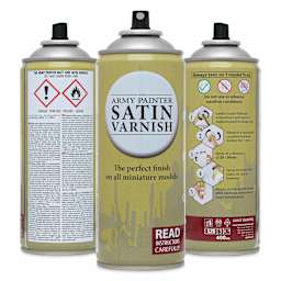 The Army Painter Colour Primer Spray Varnish - Satin Varnish, three sides of the can.