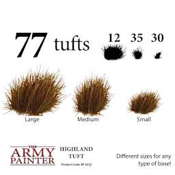 The Army Painter Battlefields Scenery Grass Tufts - Highland Tuft has different sizes for any size base. 77 Tufts, including 12 Large, 35 Medium, and 30 Small.