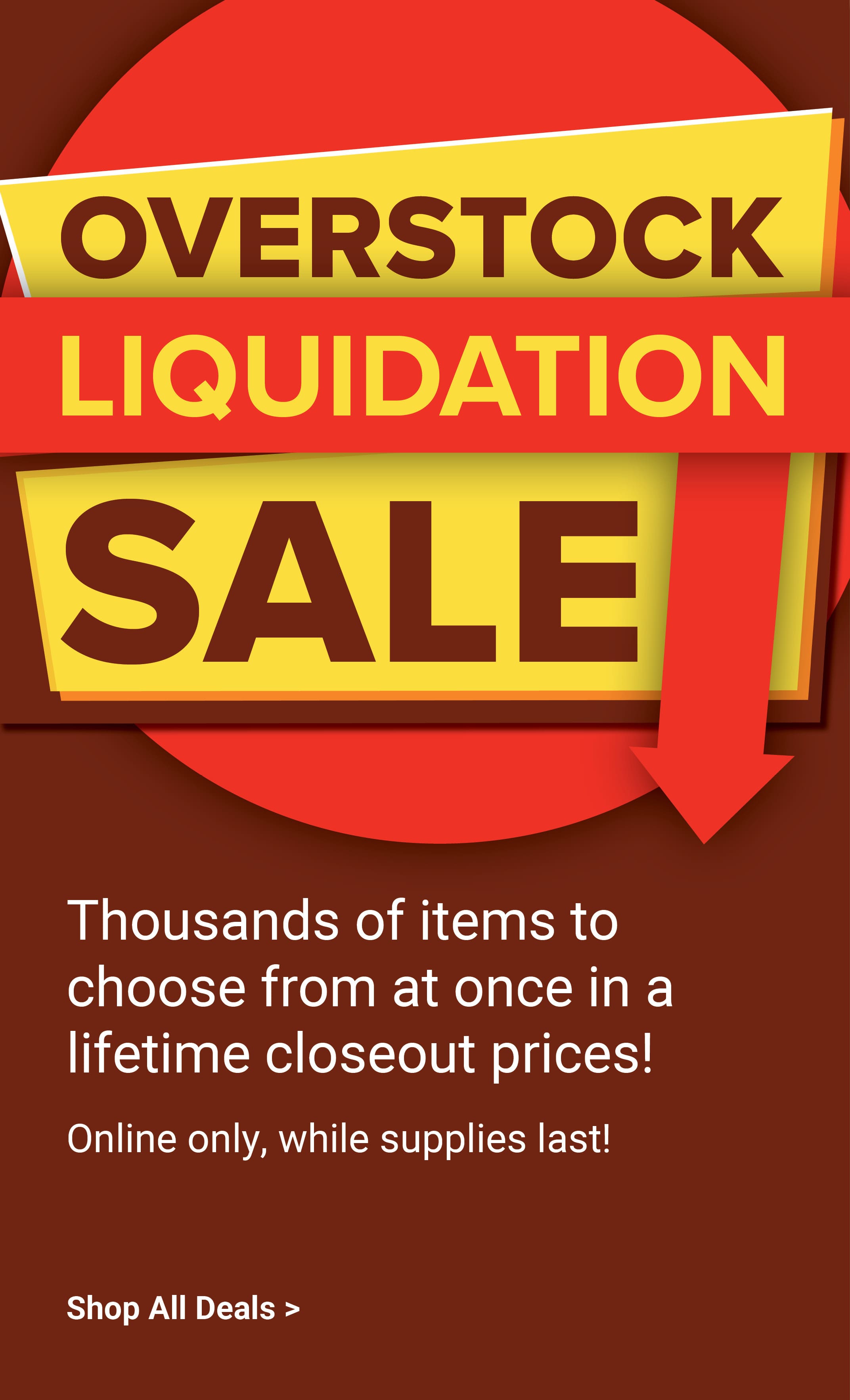 Overstock liquidation sale. Thousands of items to choose from at once in a lifetime closeout prices! Online only, while supplies last! Shop liquidation sale deals.