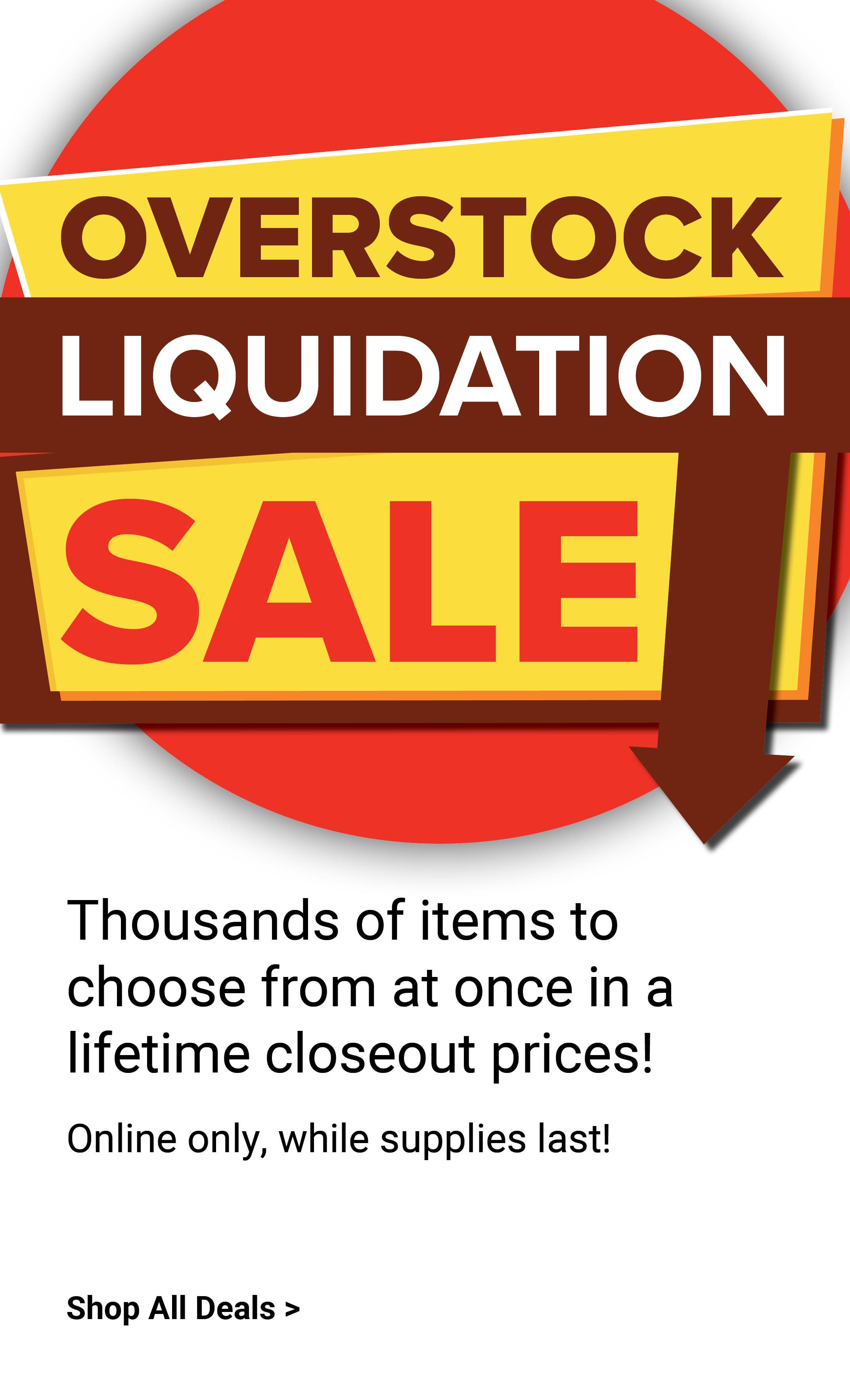 Overstock liquidation sale. Thousands of items to choose from at once in a lifetime closeout prices! Online only. While supplies last. Shop liquidation sale deals.